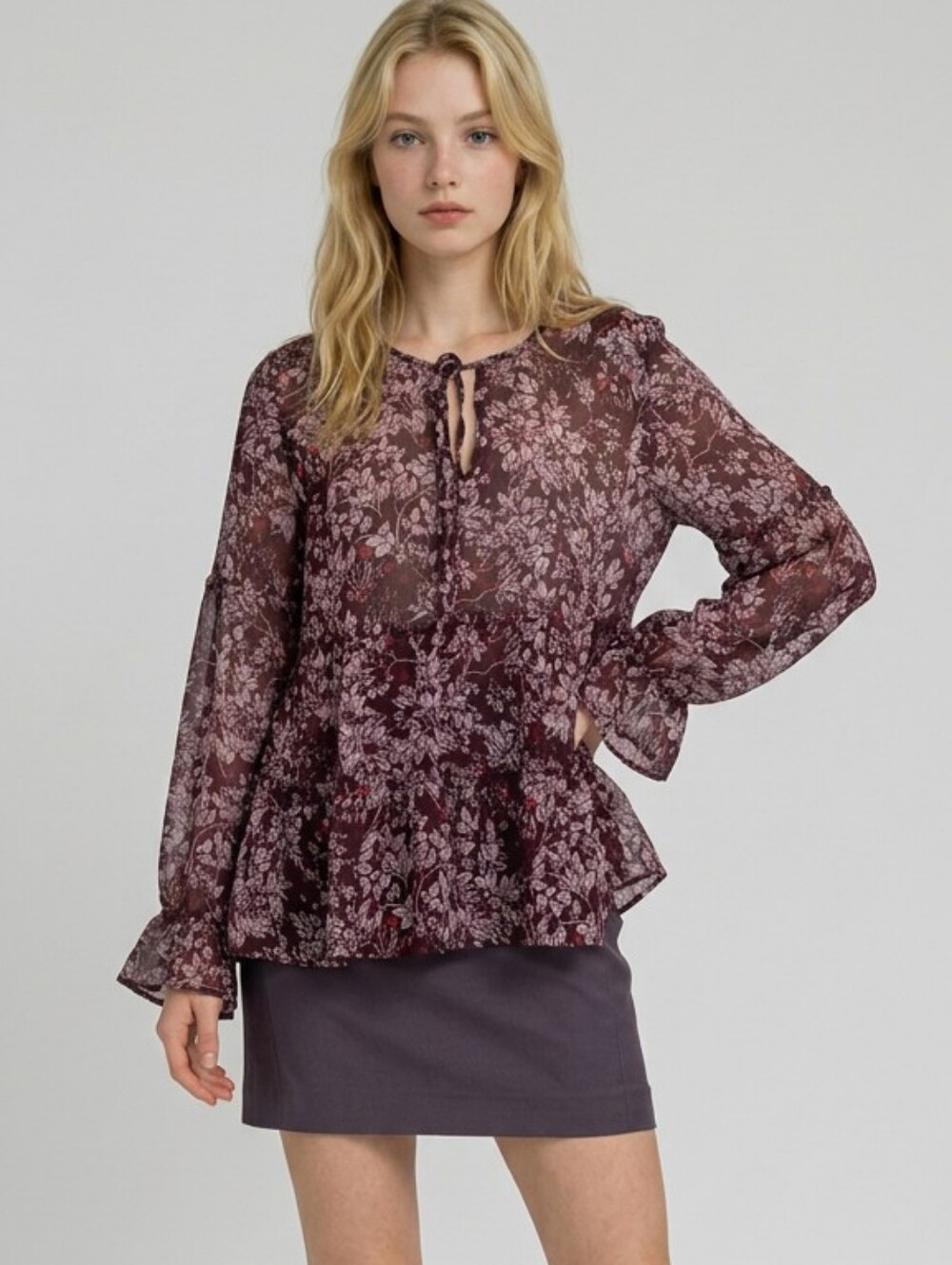 Lucky Brand Burgundy Floral Tie-Neck Peasant Top